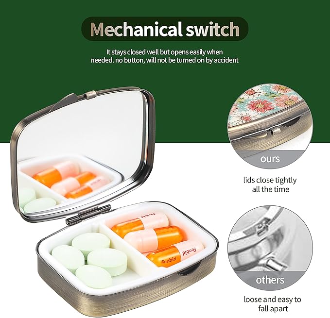Dynippy Pill Case Pill Box with Mirror Retro Pocket 2 Compartment Medicine Case Vitamin Pill Organizer for Pocket Purse and Travel (Retro- Snowy Mountain Reflections)