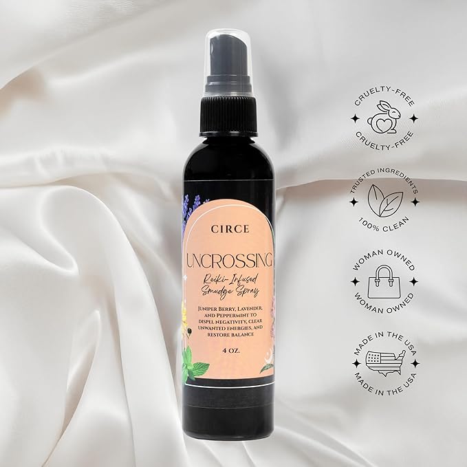Circe Uncrossing Smudge Spray – 100% Natural Smoke Free Alternative to Remove Unwanted Energies & Renew Positivity - Juniper, Lavender & Peppermint Blend - Cleansing, Clarity, Self Care, Gift - 4oz