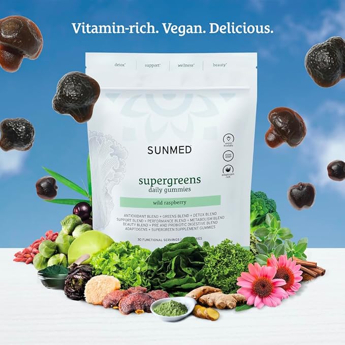 SUNMED Supergreens Daily Gummies – Wellness Blend with Ashwagandha, Green Tea, Spirulina, Probiotics, Antioxidants & Detox Support for Immunity, Gut, Skin & Brain Health | Wild Raspberry, 60ct