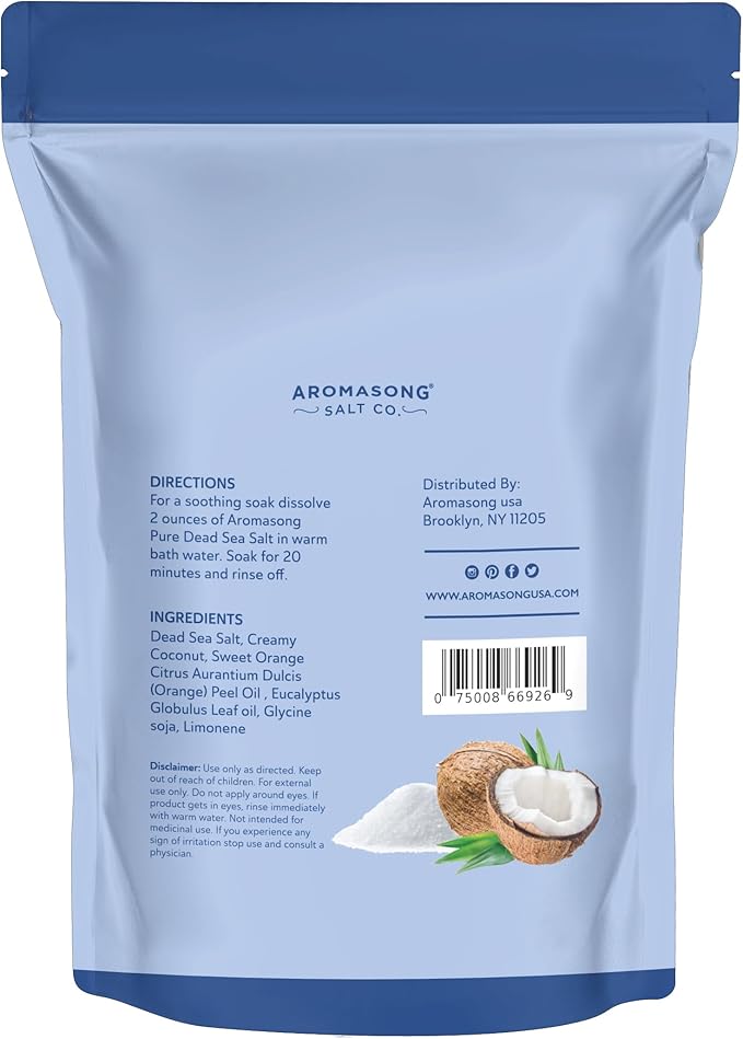 Aromasong Dead Sea Salt - Fine Grain Spa Bath Salt Coconut Scent 14 Oz – 100% Pure & Natural - Soak for Women & Men