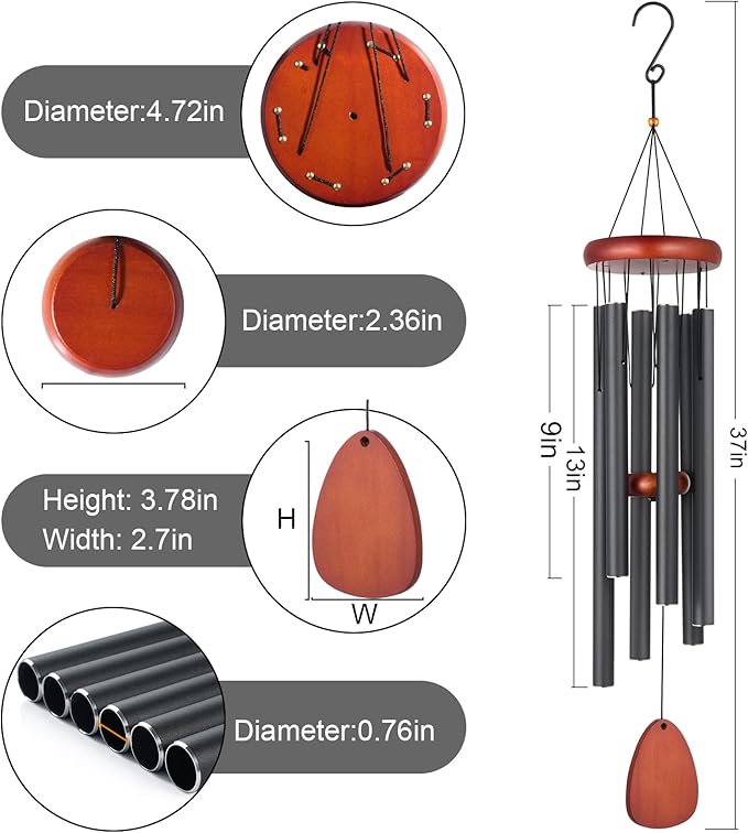 Large Wind Chimes for Outside – 37" Aluminum Windchimes Outdoors for Garden, Patio Decor, Memorial Gifts for Mom, Sympathy Gift for Loss of Loved One, Sister Gifts for Birthdays, Mother's Day(Black)