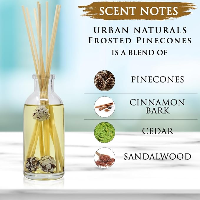 Urban Naturals Frosted Pinecones Holiday Scented Reed Diffuser Oil Gift Set | Pine, Cinnamon, Clove, Cedar Wood, Sandalwood and Vanilla Bean Scent Notes - 3.75 Ounces - Vegan - Made in The USA