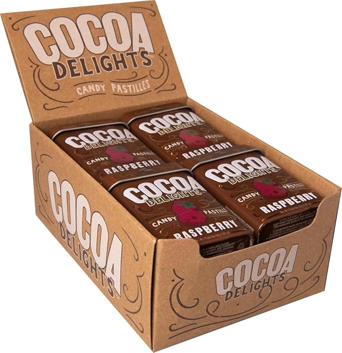 Cocoa Delights Chocolate Raspberry Candy | Made with Real Cocoa and All Natural Flavor, No Artificial Colors | Kosher Certified, Vegan, Gluten Free | Aspartame & Xylitol Free | 30 Count Tin (Pack of 12)