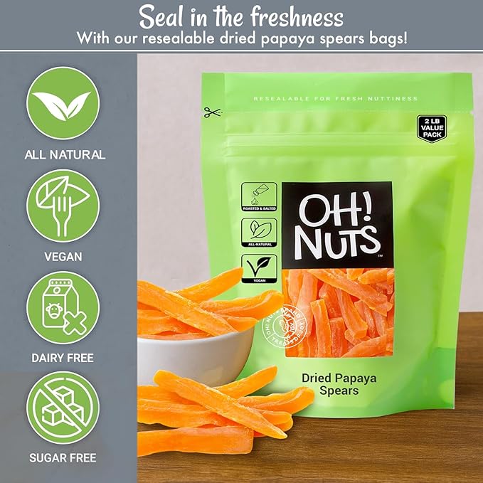Oh! Nuts Dried Papaya Spears - 2 lb - Dried Fruit Spears - Less Sugar Added - Dehydrated Fruit Bites - Packed in New York Zip-Seal Bag for Exceptional Freshness