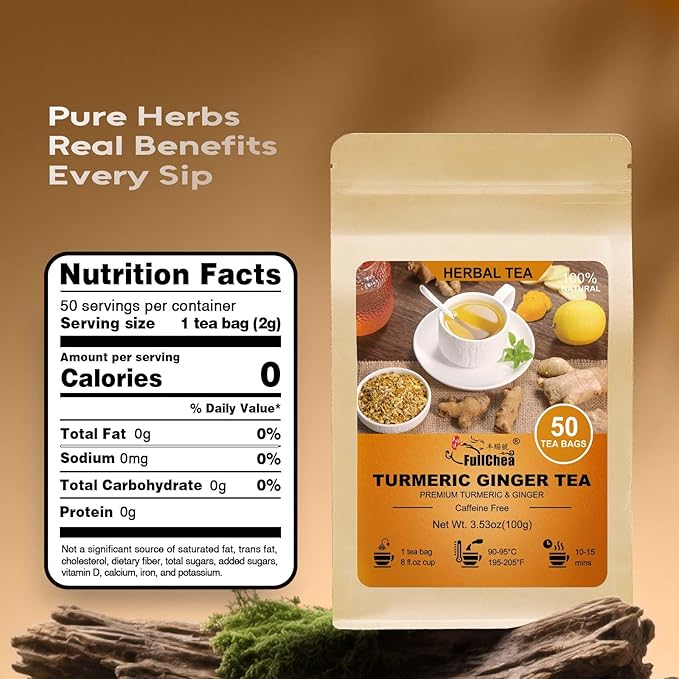 FullChea - Turmeric Ginger Tea Bags, 50 Count, 2g/bag - Premium Turmeric & Ginger- Non-GMO - Caffeine-free - Boost Immunity & Aid Digestion
