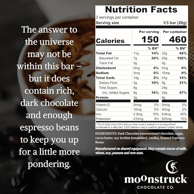 Moonstruck Chocolate Dark Chocolate Espresso Bean Bar, 68% Cacao, 3.0oz (Pack of 4)