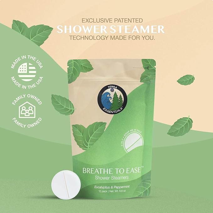 Breathe to Ease Shower Steamers by Terra Essentials – 12 Showers Aromatherapy Tablets with Eucalyptus & Mint, Natural, Made in USA, Stress Relief & Relaxation Gift
