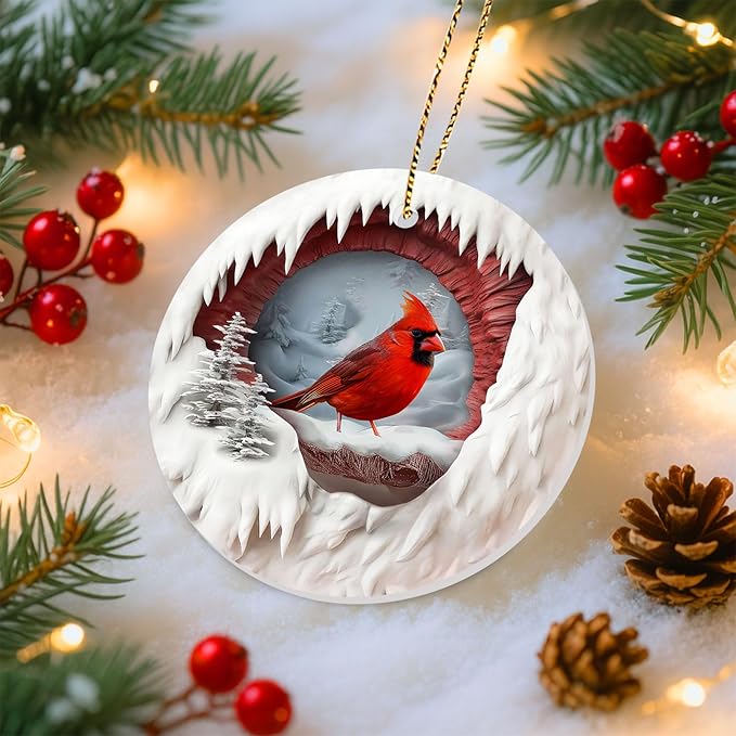 34HD Gifts for Christmas, Cardinal Ornament Ceramic 2-Side Printed, Bird Xmas Holiday Trees Decorations, Animal Memorial Gifts for Women Men Daughter