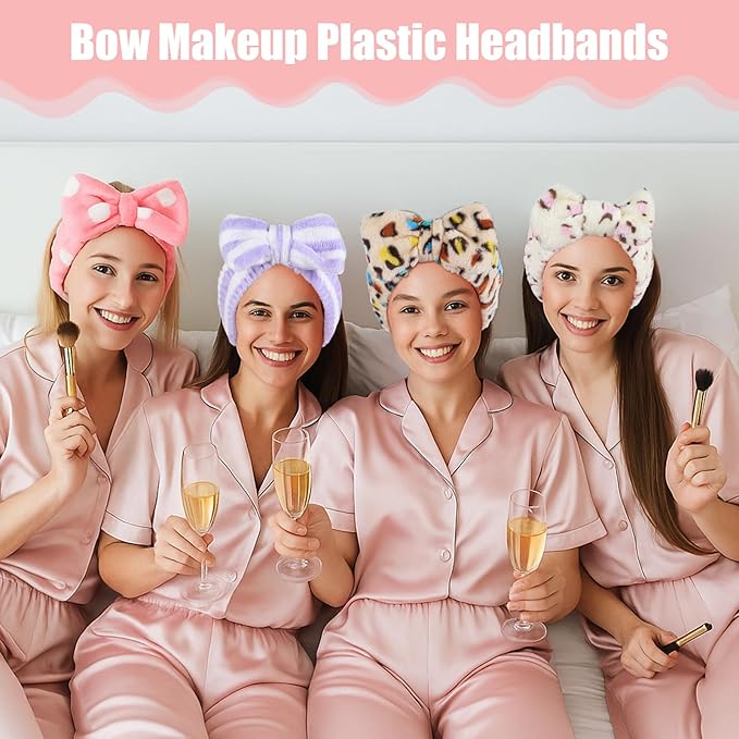 Prasacco 24 Pcs Spa Headband for Women, Soft Coral Fleece Headband for Washing Face Cute Skincare Headbands with Bow Elastic Polyester Makeup Headbands for Women Girls
