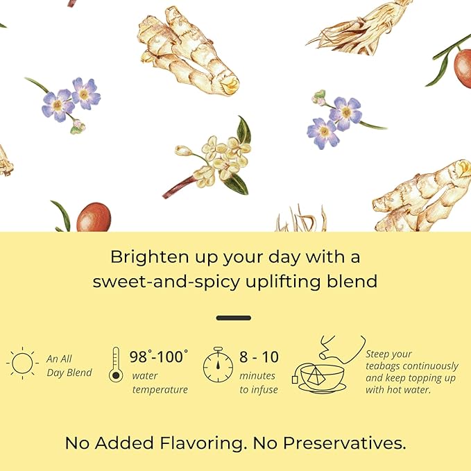 Tily Tea Morning Shine Breakfast Tea - Natural Herbal Tea for Focus and Energy - Ginger and Ginseng - Caffeine Free - 10 Plastic-Free Tea Bags