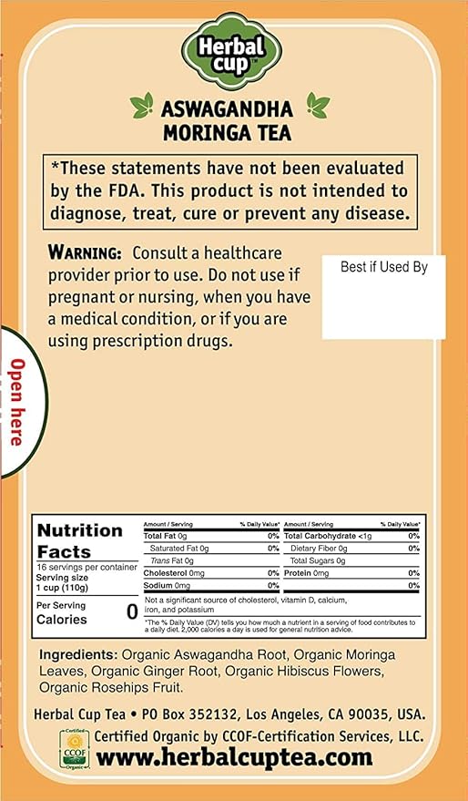 Herbal Cup Ashwagandha Tea, Organic Moringa Tea, No Caffeine Herbal Teas (Organic Moringa, 16 Count (Pack of 1))
