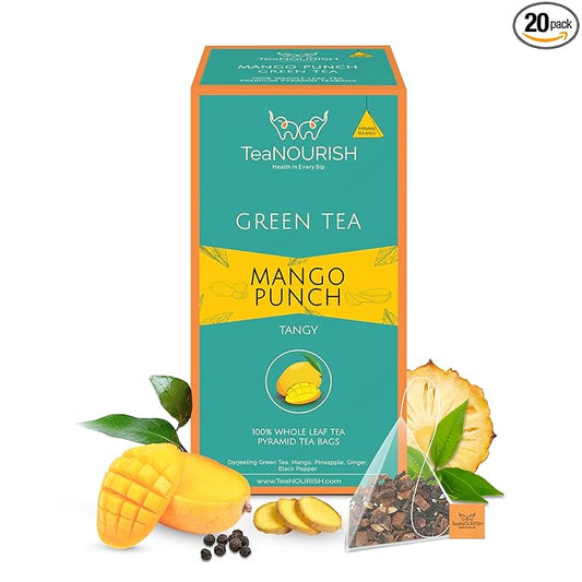 TeaNOURISH Mango Punch Green Tea | 20 Count Pyramid Tea Bags | Darjeeling Whole Tea | Delicious Fruit Infusion | Real Mango | 100% NATURAL INGREDIENTS