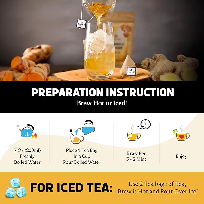 BREWIX, Turmeric Ginger Herbal Tea Bags (50 Pyramid Tea Bags) Caffeine-Free Ayurvedic Blend for Daily Wellness & Immune Balance | Daily Wellness Ritual | Gluten Free | Real Ingredients From India