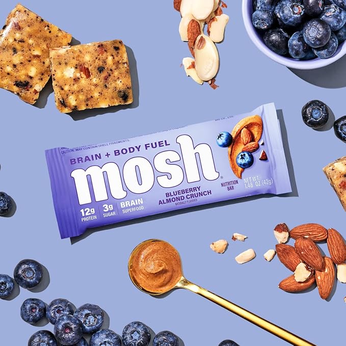 MOSH Blueberry Almond Crunch Keto Protein Bars, High Fiber, Low Carb, Gluten Free, High Protein, Brain Healthy Snack, 12 Count