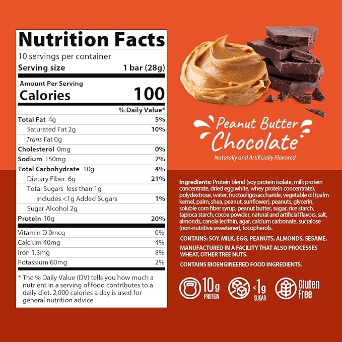 Genius Gourmet Crispy Protein Treat, Chocolate Peanut Butter, Keto Snack, Low Carb, Low Sugar & Gluten Free, Protein Snacks for Adults, 10G of Whey Protein per Protein Bar, 5 Net Carbs, 10 CT