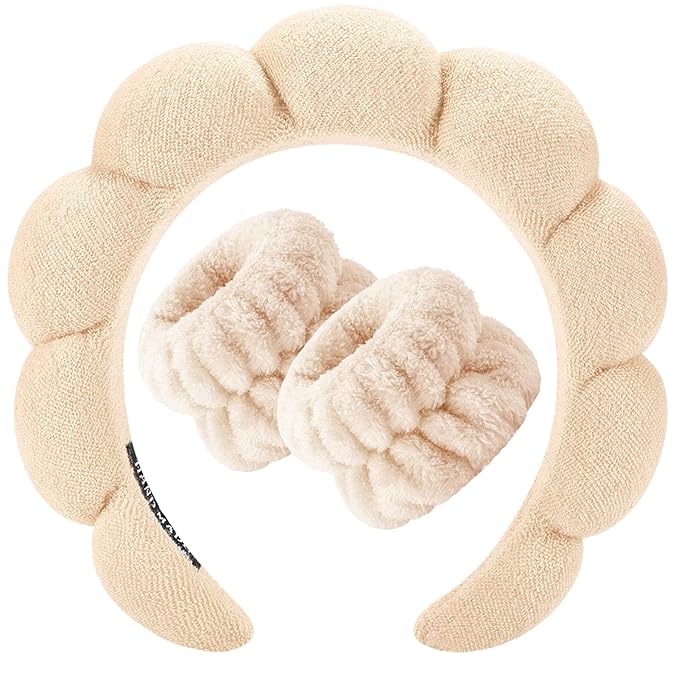 Zkptops Spa Headband for Women Sponge Makeup Skincare Headband Washing Face Wristband Set Terry Cloth Bubble Soft Get Ready Hairband Puffy Padded Headwear Non Slip Thick Hair Accessory(Beige)