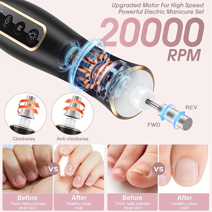 Electric Nail Drill, Professional Manicure Pedicure Kit, Cordless Electric Nail File Set, Rechargeable Pedicure Tools for feet, 10 Speeds Hand Foot Care Nail Drill for -360° LED Light Black