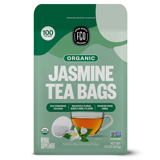 FGO Organic Jasmine Green Tea, 100 Count, Eco-Conscious Tea Bags, Resealable Bag, Packaging May Vary (Pack of 1)