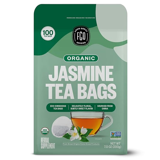 FGO Organic Jasmine Green Tea, 100 Count, Eco-Conscious Tea Bags, Resealable Bag, Packaging May Vary (Pack of 1)