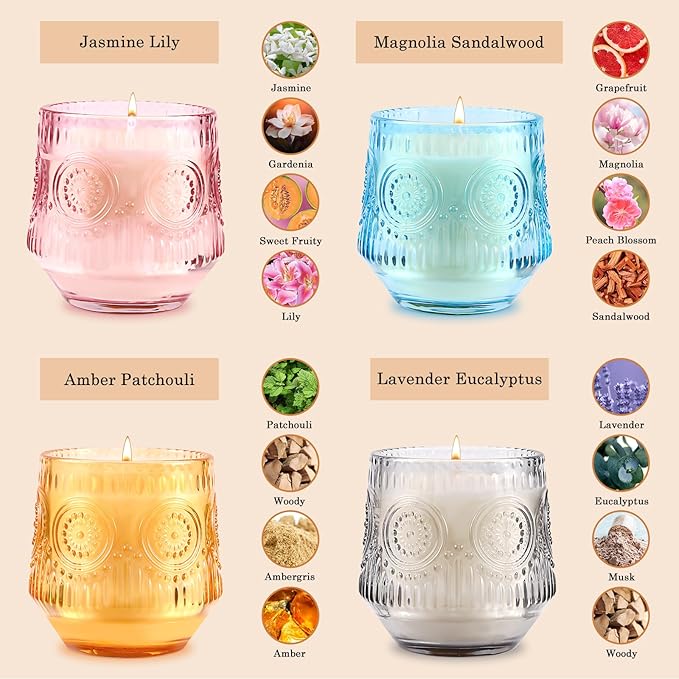 Luxury Scented Candles Gift Set - Floral & Woody Soy Wax Candles in Glass Jars 4Pack 7 oz - Jasmine Lily/Lavender Eucalyptus/Magnolia Sandalwood/Amber Patchouli