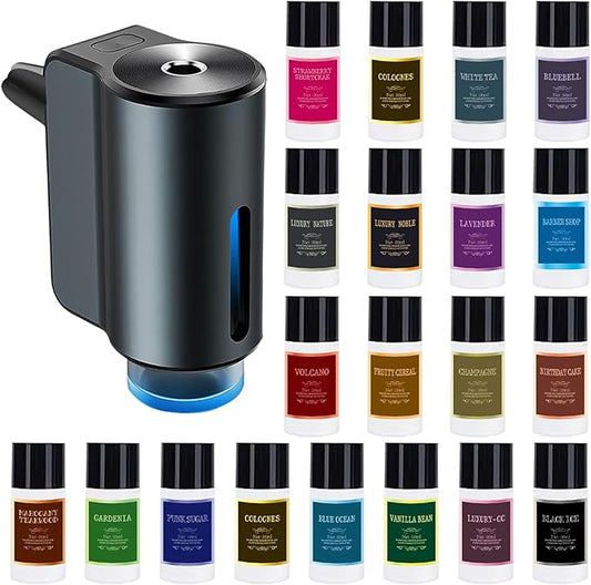 Smart Car Air Fresheners Diffuser with 4pcs Essential Oils, Automotive Scent Dispenser Rechargeable Aromatherapy Diffuser Vent Clip for Cars, 3 Adjustable Modes (Grey with 20pcs oils)