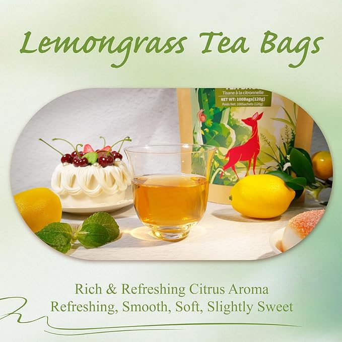 WT WEETEE Lemongrass Tea Bags, 100 Count Pure Lemon Grass Leaves Tea Bags, Natural Caffeine Free Herbal Tea