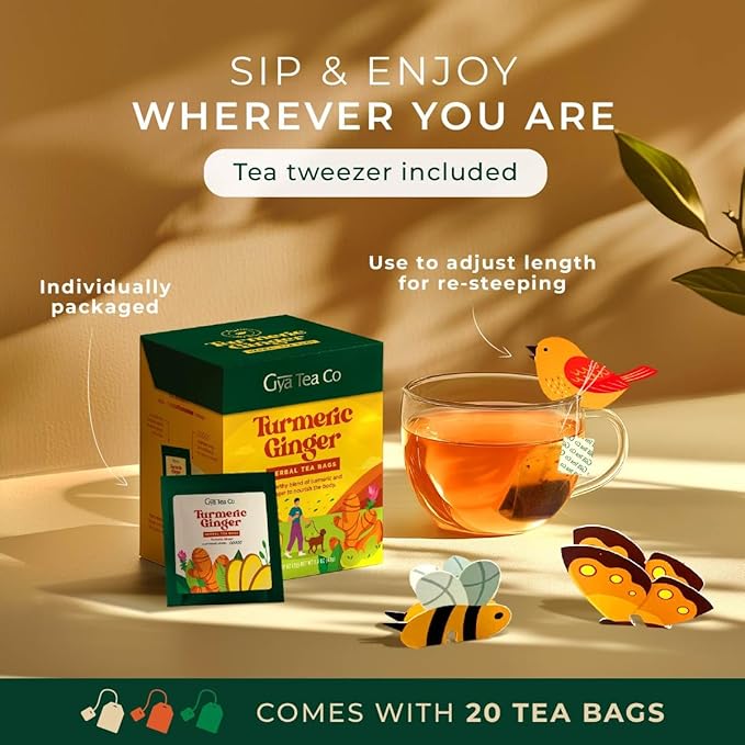 Gya Tea Co Turmeric Ginger Tea Bags (20 Bags) - Decaf Ginger Turmeric Tea For Body Comfort & Digestion Health - Fruit & Herbal Blends