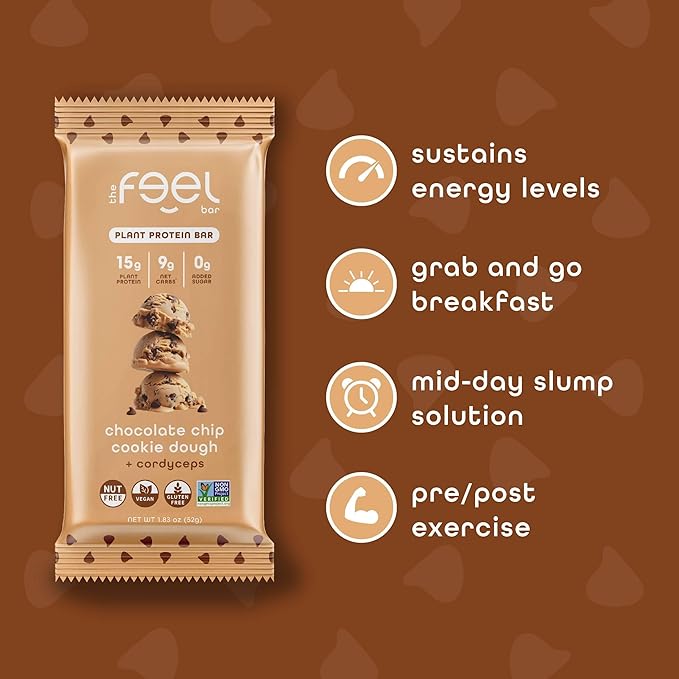 Feel Vegan Protein Bars | Cookie Dough | Keto | Gluten Free | Organic | Cordyceps | 15g Protein | Low Carb | Dairy Free | Grain Free | Nut Free | Soy Free | Non GMO - 10 Pack