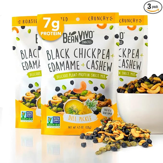 BeanVIVO Healthy Snacks for Adults & Kids with 7g Protein & 4g Fiber per Serving with Dried Edamame, Roasted Cashew and Chickpeas - Vegan & Gluten Free - Keto Friendly & Non-GMO - 3-Pack (4.5 oz Each Pouch)