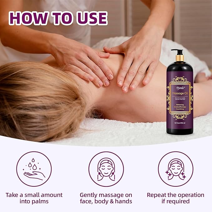 Aromatherapy Lavender Massage Oil, 10 fl oz Relaxing Massage Oil for Massage Therapy with Grape Seed, Sweet Almond & Jojoba, Spa Quality Oils for Soothing, Calming