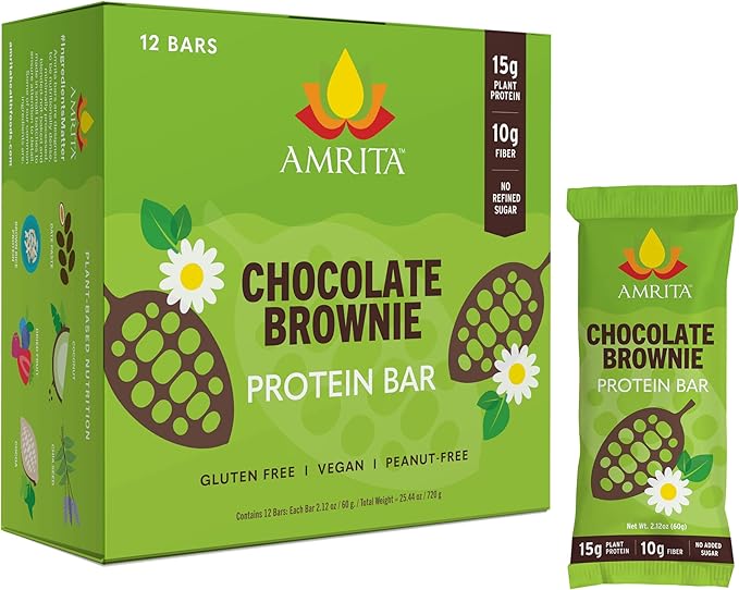 Amrita Nut Free Chocolate Brownie Vegan Protein Bars (12 Count) | 12g Plant-Based Protein Bar | Peanut Free, Gluten Free, and Dairy Free | Low Sugar, High Fiber, Healthy School-Safe Snacks