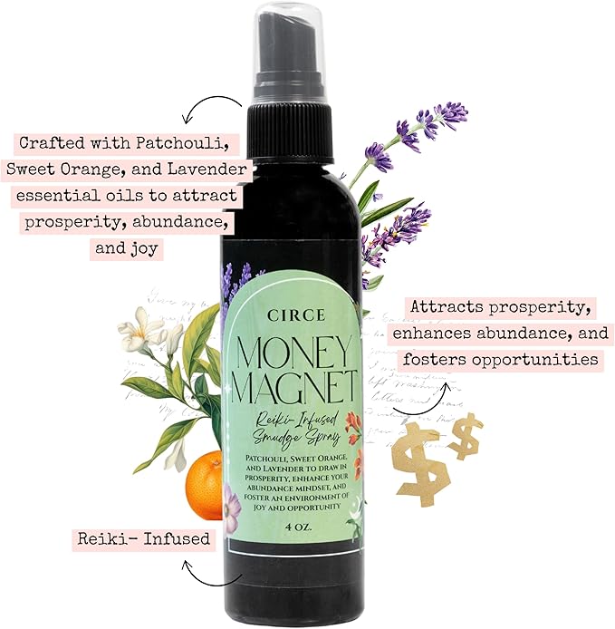 Circe Money Magnet Smudge Spray – 100% Natural Smoke Free Alternative to Attract Abundance, Prosperity & Opportunities - Patchouli, Sweet Orange & Myrrh Blend - Wealth, Success, Self Care, Gift - 4oz