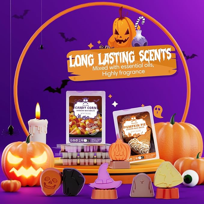 SALKING Halloween Scented Wax Melts, Fall Soy Wax Melts Gift Set, Wax Cubes/Tarts for Warmer - Pumpkin Pie, Caramel Apples, Candy Corn, Vanilla, Snickerdoodle, Apple Cider, Cinnamon, Harvest Spice