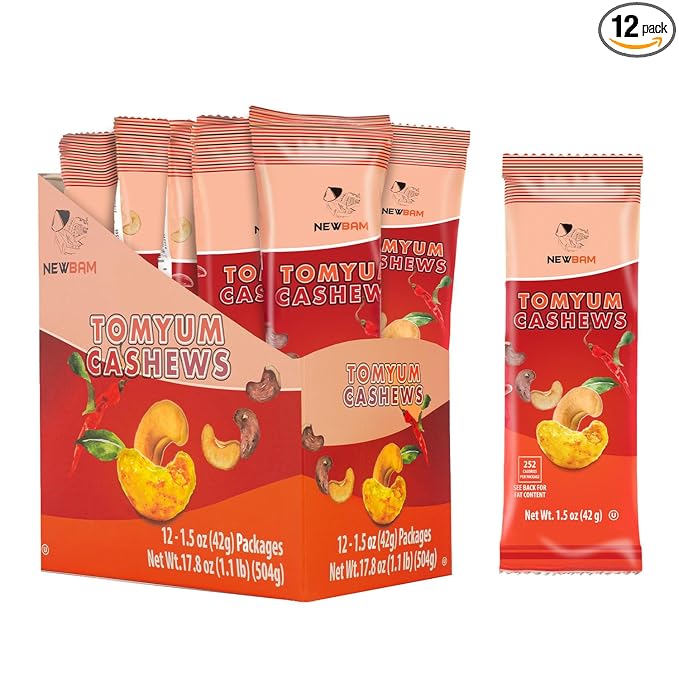 NEWBAM Spicy Tom Yum Cashews Individual Packs - 12 Cashew Snack Packs Roasted Nuts (1.5oz Each) – Authentic Thai Flavor, Keto, Vegan, Gluten-Free - Healthy Snacks for Trail Mix, Office, or Party - Low Sugar