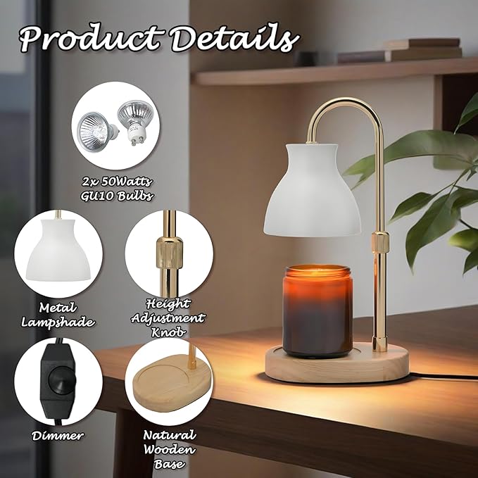 SOKCVSEA Candle Warmer Lamp - Candle Lamp Warmer Diamond Height Adjustable, Birthday Gifts for Mom Women, House Warming Gifts New Home Decor, Wax Melt Warmer with 2 Bulbs White Gold