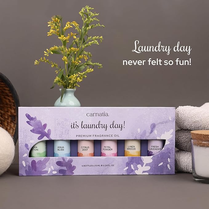 Carnatia Laundry Day Fragrance Oil Set – 6 Fresh & Clean Scents for Laundry, Linens & Home | Aromatherapy Oils for Dryer Balls, Diffusers & Room Freshening