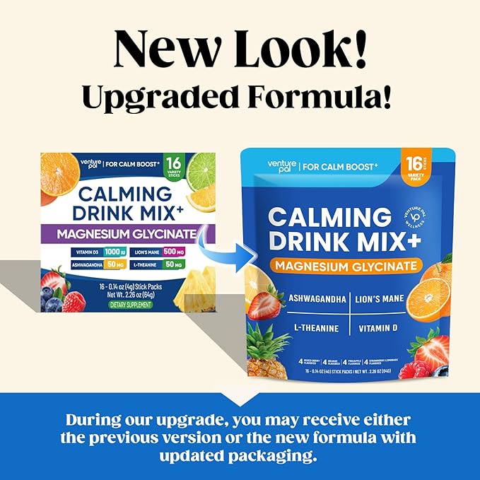 Venture Pal Calming Powdered Drink Mix, Magnesium Glycinate, Ashwagandha, L-Theanine,Vitamin D, Lions Mane, Sugar Free Magnesium Supplement Blend for Relax & Focus, Non GMO, Vegan, On The Go