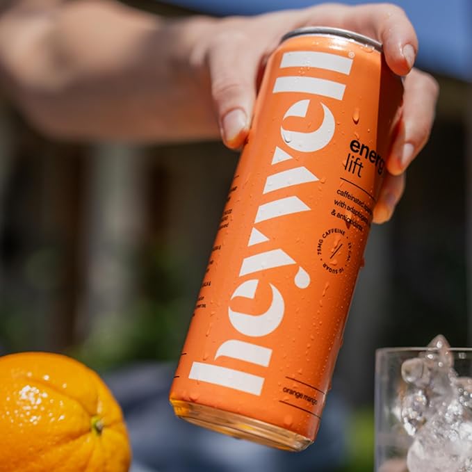 Heywell Sparkling Adaptogenic Water, Energy and Uplift, Orange Mango Flavor 12 Fluid Ounce (Pack of 12) - Non Caffeinated, Organic, Non GMO, Vegan, Gluten Free, Dairy Free