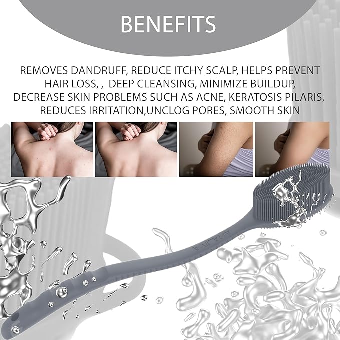 Avilana Silicone Body Scrubber - Food Grade & Lab Tested, Gentle Exfoliating Shower Brush for All Skin Types, Hygienic Quick-Dry Loofah Alternative (Dark Gray, Long Handle-Silver)