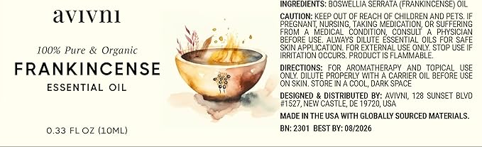 Avivni Frankincense Essential Oil - 100% Pure & Natural, Undiluted for Aromatherapy, Hair, Muscle, Diffuser (0.33oz - 10ml)