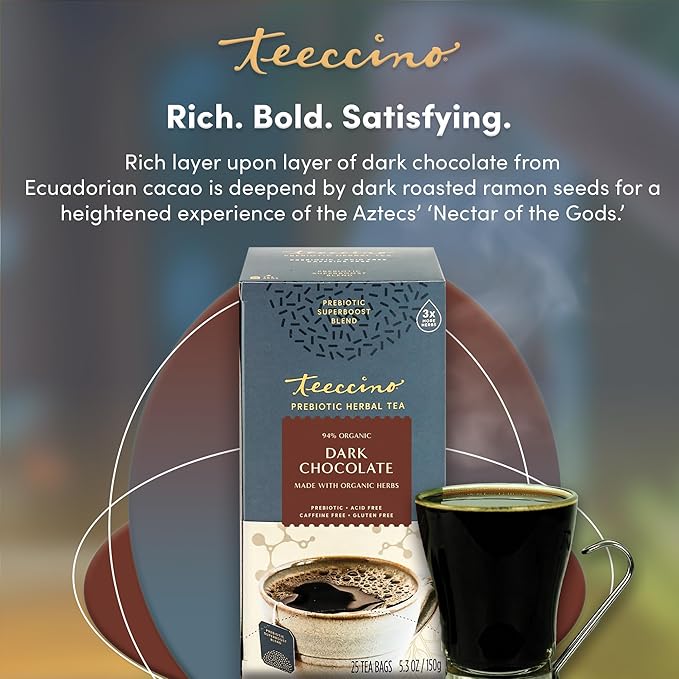 Teeccino Dark Chocolate Prebiotic SuperBoost™ Herbal Tea - Support Your Probiotics with Vegan GOS & Organic XOS For Good Gut Health and Regularity, 25 Tea Bags