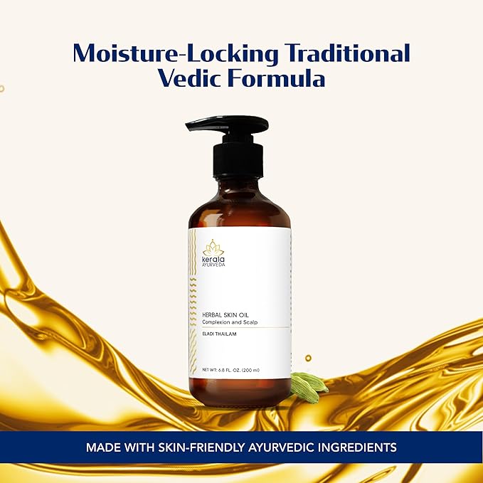 Kerala Ayurveda Herbal Skin Oil (Eladi Thailam) - Sesame Oil Based Ayurvedic Massage Oil for Radiant Body & Healthy Scalp - Moisturizes Dry Skin & Hair, & Balances Vata and Kapha, 6.76 Fl Oz