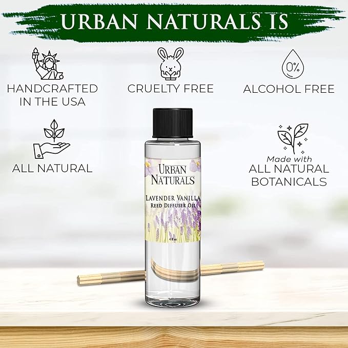Urban Naturals Lavender Vanilla Scented Oil Reed Diffuser Refill and Reed Sticks β Lavender Blossom, Creamy Vanilla, White Woods and Sugared Musk, 4 oz (2 Pack)
