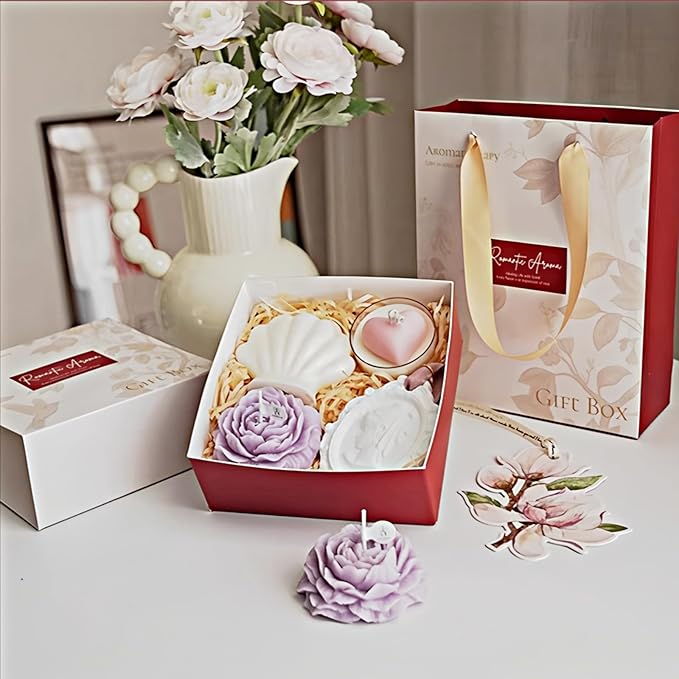 Romantic Aroma Aromatherapy Gift Box Set with Decorative Candles, Shell and Floral Design, White and Purple(5Pack)