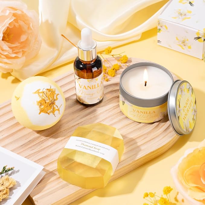 Birthday Gifts for Women, Relaxing Spa Gift Baskets for Women, Warm Vanilla Self Care Package Gifts, Mother's Day Bath and Body Inspirational Gift Set for Mom, Her, Wife, Best Friend, Sister, Coworker