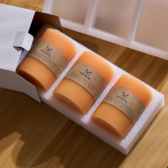 MOZEAL 3" x 4" Hand-Poured Unscented Candle, Dripless Pillar Candle Set of 3, Long Clean Burning, Approx 72 Hours Burn Time, Rustic Country Style, Wedding, Summer Peach, Home Decor, Peach Fuzz