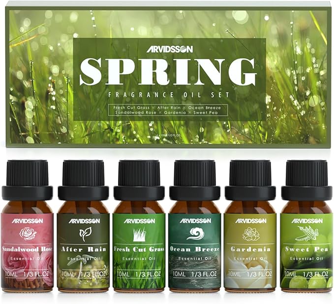 Spring Essential Oils Set, ARVIDSSON Natural Fragrance Oil for Diffuser, Candle Making - After Rain, Ocean Breeze, Fresh Cut Grass, Gardenia, Sweet Pea, Rose Sandalwood, Spring Scented Oil Gift Set