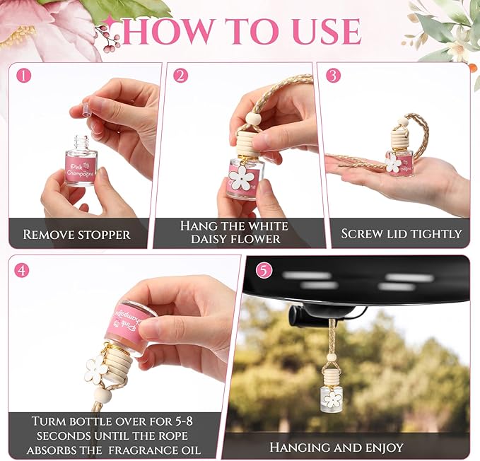 2 Sets Hanging Car Air Freshener and Essential Oil Diffuser, Car Air Freshener Daisy Essential Oil Diffuser Long Lasting Automobile Aromatherapy(White,Pink Champagne)