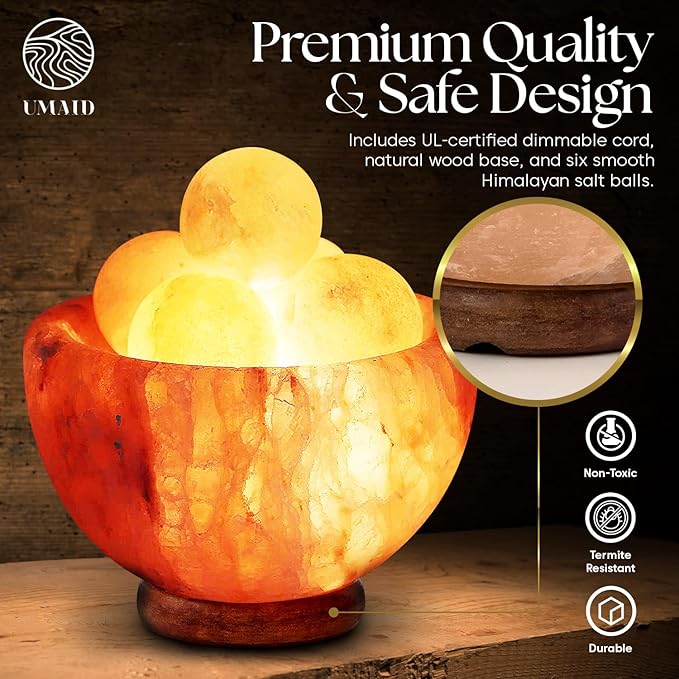 UMAID Himalayan Salt Lamp Bowl with 6 Massage Balls – Dimmable Natural Pink Rock Salt Lamp for Relaxation, Meditation,Yoga, Spa, Office, Bedroom, Wellness, Home Decor, and Unique Gift