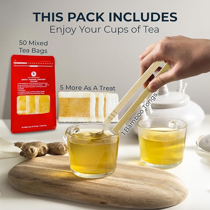 Ginger Lemon Tea Bags - 55 Count (+5 Tea Bags) - 5.22 oz, Refresh Sour, Re-Steep Herbal Detox Tea Blend for NaturalSupport and Body Warm, Energy Support, Bamboo Tong Include